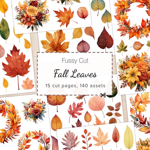 Fussy Cuts Fall Leaves, Printable Junk Journal Ephemera, Autumn Leaf Scrapbook Cut Files, Card Making, Fall Foliage Collage Sheet, 11x8.5"