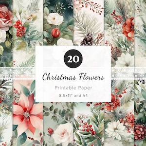 Weihnachtsblumen druckbare Papiere, Blumen Digitales Papier Weihnachten Scrapbook Hintergrund Junk Journal Weihnachten Ephemera, Origami, 11x8,5 "A4