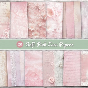 Zachtroze digitale papieren, shabby chic roze kanten dagboekpagina's, roze ongewenste dagboek, vintage kant, ephemera vintage, roze plakboekpapier 8,5 x 11 inch, A4