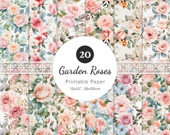 20 x Garden Roses Digital Papers, Watercolor Vintage Floral Pattern, Flower Wallpaper, Junk Journal, Scrapbooking, Card Making, 12x12"