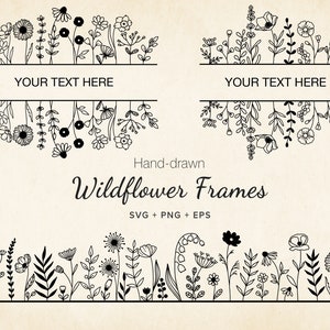 Cadres SVG de fleurs sauvages, Split Monogram, Bundle de cadres floraux, Clipart vectoriels de sublimation dessinés à la main, Cricut, T-shirt de mariage Logo Tumbler