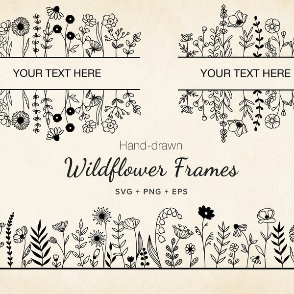 Wildflower SVG Frames, Split Monogram, Floral Frames Bundle, Hand-drawn Sublimation Vector Clipart, Cricut, Wedding Logo Tshirt Mug Tumbler