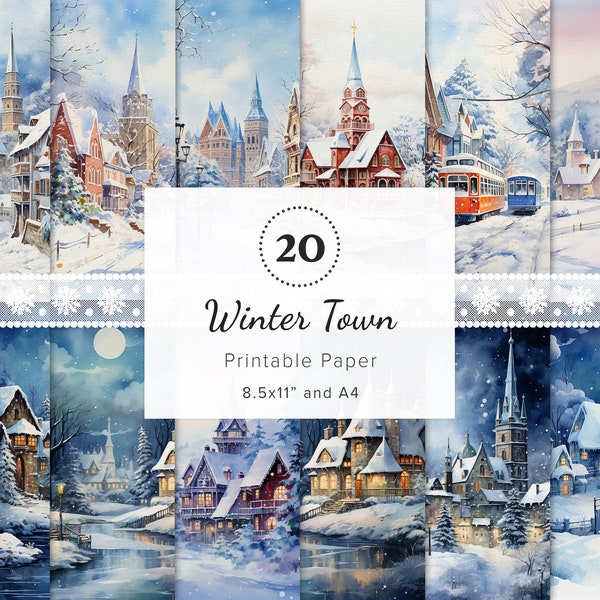 20 x Snowy Winter Town Digital Papers, Winter Scrapbook Paper, Winter Card Making, Junk Journal Background, Winter Ephemera, 11x8.5", A4
