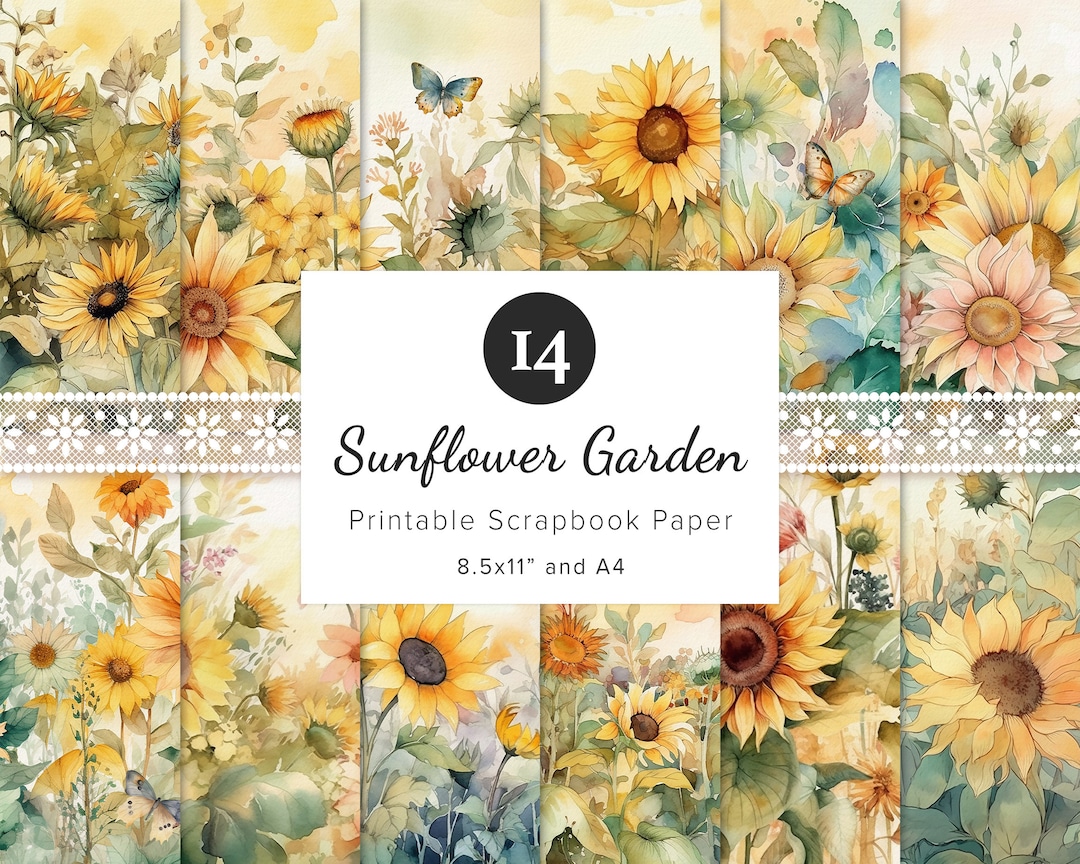 14 X Sunflowers Garden Printable Scrapbook Paper, Floral Digital Papers ...