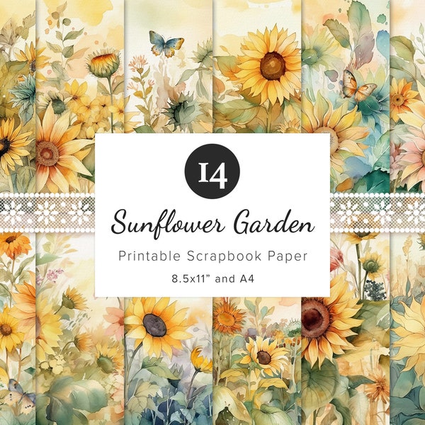 14 x papier de scrapbooking imprimable Jardin de tournesols, papiers numériques floraux, éphémères de journal indésirable, scrapbooking d'automne, origami, 11 x 8,5 po. A4