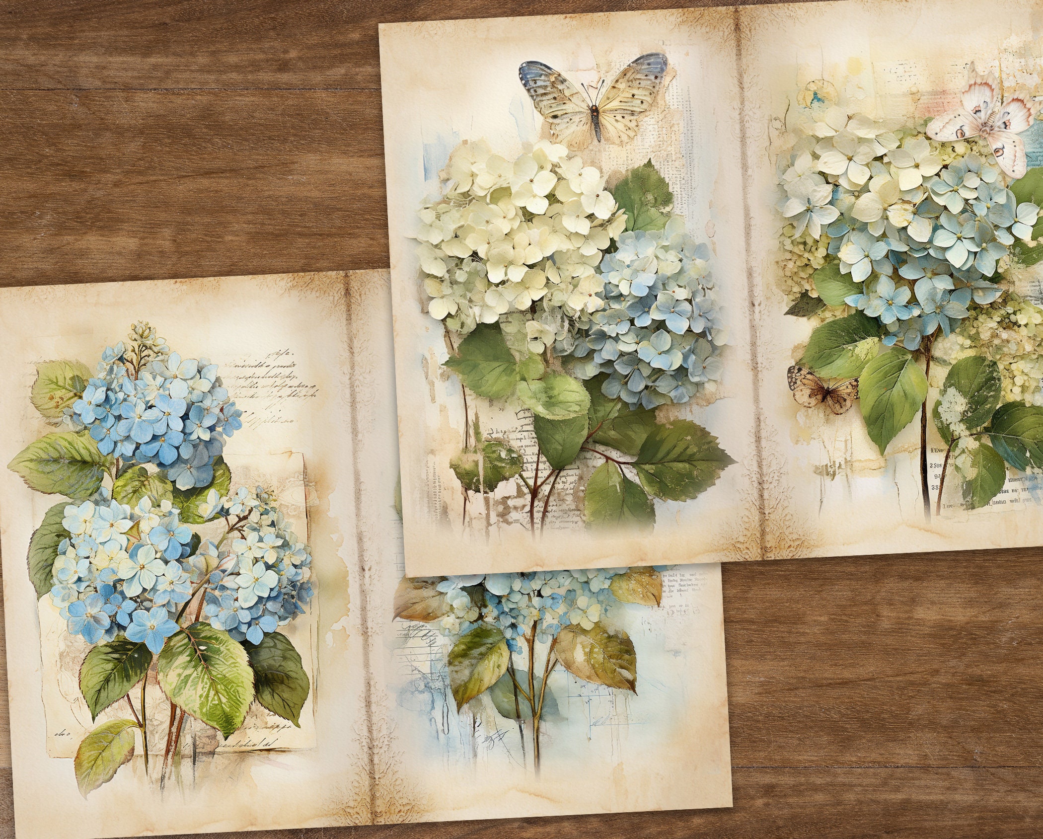 22 X Vintage Hydrangea Journal Pages, Hortensia Scrapbook