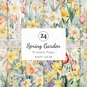 24 x papiers numériques Fleurs de jardin printanier, journal de Pâques, éphémères printaniers, fabrication de cartes de Pâques, fond d'album 8,5 x 11 po. et A4