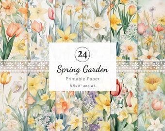 24 x Spring Garden Flowers Digital Papers, Easter Junk Journal, Spring Ephemera, Easter Card Making, Scrapbook Background 8.5x11" and A4