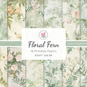 Papiers numériques fougère florale, papiers imprimables fougère verte estompée, éphémères de la forêt, fond de journal indésirable de la forêt, scrapbooking fougère 8,5 x 11" & A4