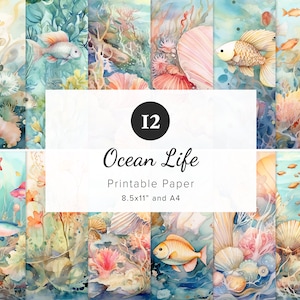 12 Beautiful Ocean Fish Digital Papers, Coral Reef & Shells Pattern, Watercolor Printable Paper, Junk Journal, Sublimation, 8.5x11&quot; and A4