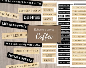 Coffee Ephemera Words for Junk Journals, Cafe Scrapbook Words, Caffeine Journal, Scrapbook Words, Planner Words Journal Supplies Coffee Text