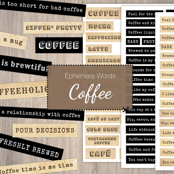 Coffee Ephemera Words for Junk Journals, Cafe Scrapbook Words, Caffeine Journal, Scrapbook Words, Planner Words Journal Supplies Coffee Text