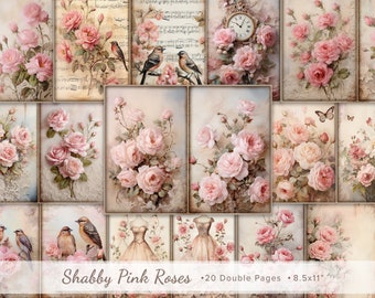 20 x Vintage Pink Rose Double Journal Pages, Scrapbook Ephemera, Junk Journal Background, Shabby Rose Ephemera, Floral Digital Paper 8.5x11"