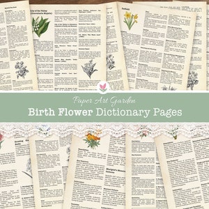 Dictionnaire imprimable fleurs botaniques de naissance, mois de naissance, fleurs de scrapbooking éphémères vintage, page de journal indésirable, page d'anniversaire, impression 8,5 x 11 po. A4