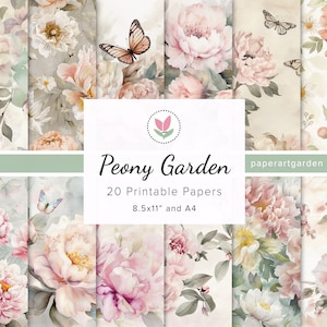 Peony Digital Papers, Floral Garden Backgrounds, Peony Ephemera, Printable Peonies Junk Journal, Scrapbook Peony, Card Making, 8.5x11&quot; , A4