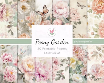Peony Digital Papers, Floral Garden Backgrounds, Peony Ephemera, Printable Peonies Junk Journal, Scrapbook Peony, Card Making, 8.5x11" , A4