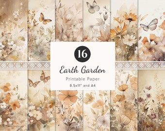 16 x Earth Garden Digital Papers, Brown Palette Flowers Scrapbook Ephemera, Floral Wallpaper, Journal Background, Card Crafting, 8.5x11", A4