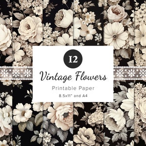 12 x Vintage Floral Digital Papers, Black & White Scrapbook Ephemera, Printable Junk Journal Background, Card Crafting, 8.5x11" , A4