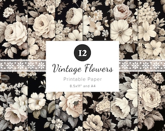 12 x Vintage Floral Digital Papers, Black & White Scrapbook Ephemera, Printable Junk Journal Background, Card Crafting, 8.5x11" , A4