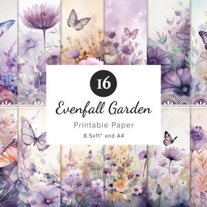 16 x Purple Garden Digital Paper "Evenfall", Butterfly Floral Ephemera, Flower Printable Paper, Garden Junk Journal Pages, Scrapbook Paper