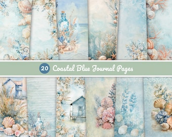 20 Coastal Blue Journal Pages, Ocean Scrapbook Ephemera, Seashells Junk Journal, Sea Digital Papers, Printable Beach Ephemera, 8.5x11 and A4