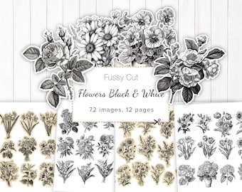 Fussy Cut Vintage Flowers, Black & White Flower Junk Journal Ephemera, Scrapbook Flowers Cut File, Printable Floral Sticker, Flowers Collage