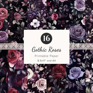 16 x Gothic Dark Rose Digitale Papiere, Aquarell Blumen Wallpaper, Junk Journal Seiten, Scrapbooking, Kartenherstellung, Rose Ephemera 8.5x11 & A4