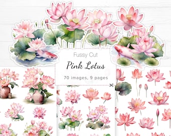 Fussy Cut Pink Lotus, Junk Journal Ephemera, Scrapbook, Lotus Flowers Cut, Printable Floral Stickers, Lotus Collage Sheets, JPG, 8.5x11"