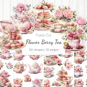 Thé de l'après-midi vintage coupe délicate, « Thé aux fleurs roses et aux baies », feuilles de collage de thé pour journal indésirable, éphémères de thé, goûter de scrapbooking, 8,5 x 11 po
