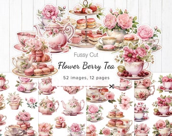 Fussy Cut Vintage Afternoon Tea, &quot;Pink Flower and Berry Tea&quot;, Tea Collage Sheets for Junk Journal, Tea Ephemera, Scrapbook High Tea, 8.5x11&quot;