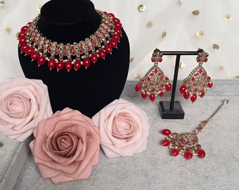 Red Gold and Pearl Antique Asian Indian Punjabi choker Necklace Earring Tikka Jewellery set Kundan Polki