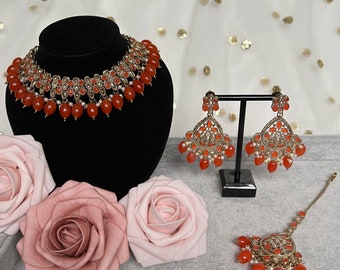 Orange Gold and Pearl Antique Asian Indian Punjabi choker Necklace Earring Tikka Jewellery set Kundan Polki