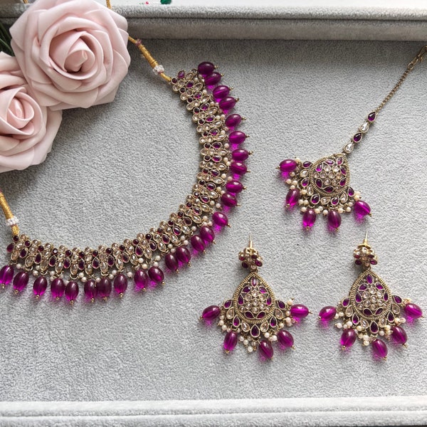 Dark Pink Purple Gold and Pearl Antique Asian Indian Punjabi choker Necklace Earring Tikka Jewellery set Kundan Polki