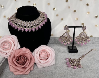 Lilac Gold and Pearl Antique Asian Indian Punjabi choker Necklace Earring Tikka Jewellery set Kundan Polki