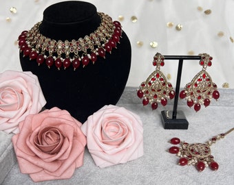 Maroon Gold and Pearl Antique Asian Indian Punjabi choker Necklace Earring Tikka Jewellery set Kundan Polki