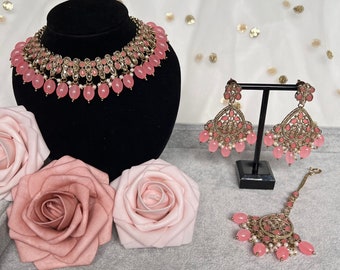 Pink Gold and Pearl Antique Asian Indian Punjabi choker Necklace Earring Tikka Jewellery set Kundan Polki