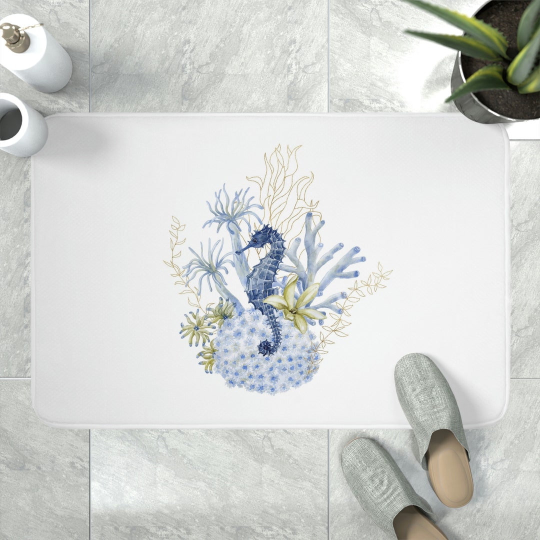 Seahorse Bath Mat, Nautical Bathroom Memory Foam Floor Mat, Cute Bath