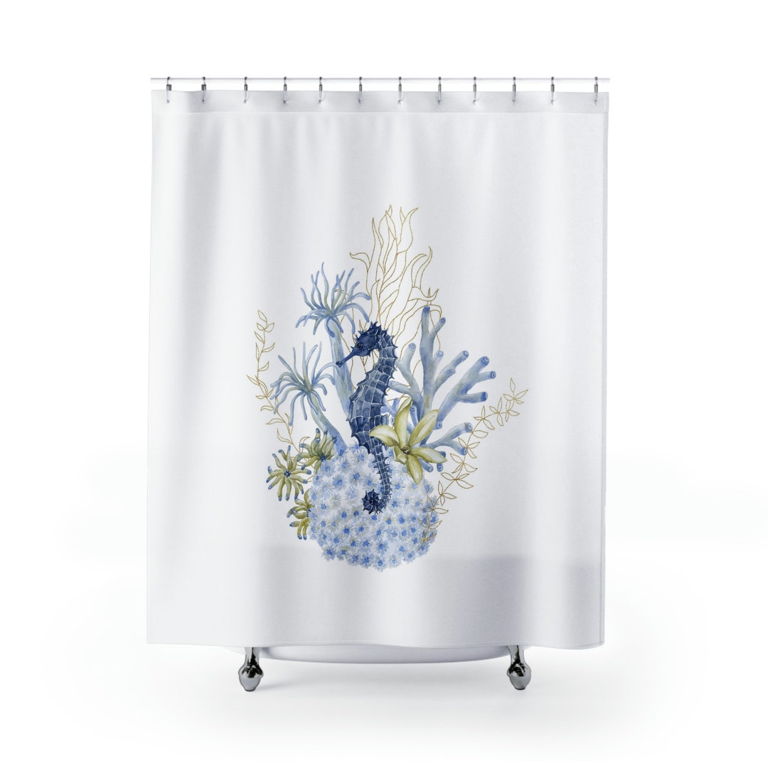 Seahorse Shower Curtain, Cute Beach Bathroom Shower Curtain, Cool Boho