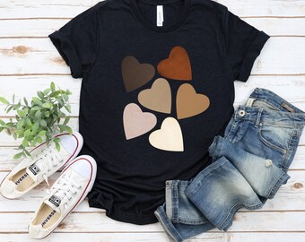 Brown Hearts T-Shirt, Neutral Toned Heart Tshirt, Black Tee Brown Hearts, Brown Tan Cream Hearts Tshirt, Diversity Hearts Shirt