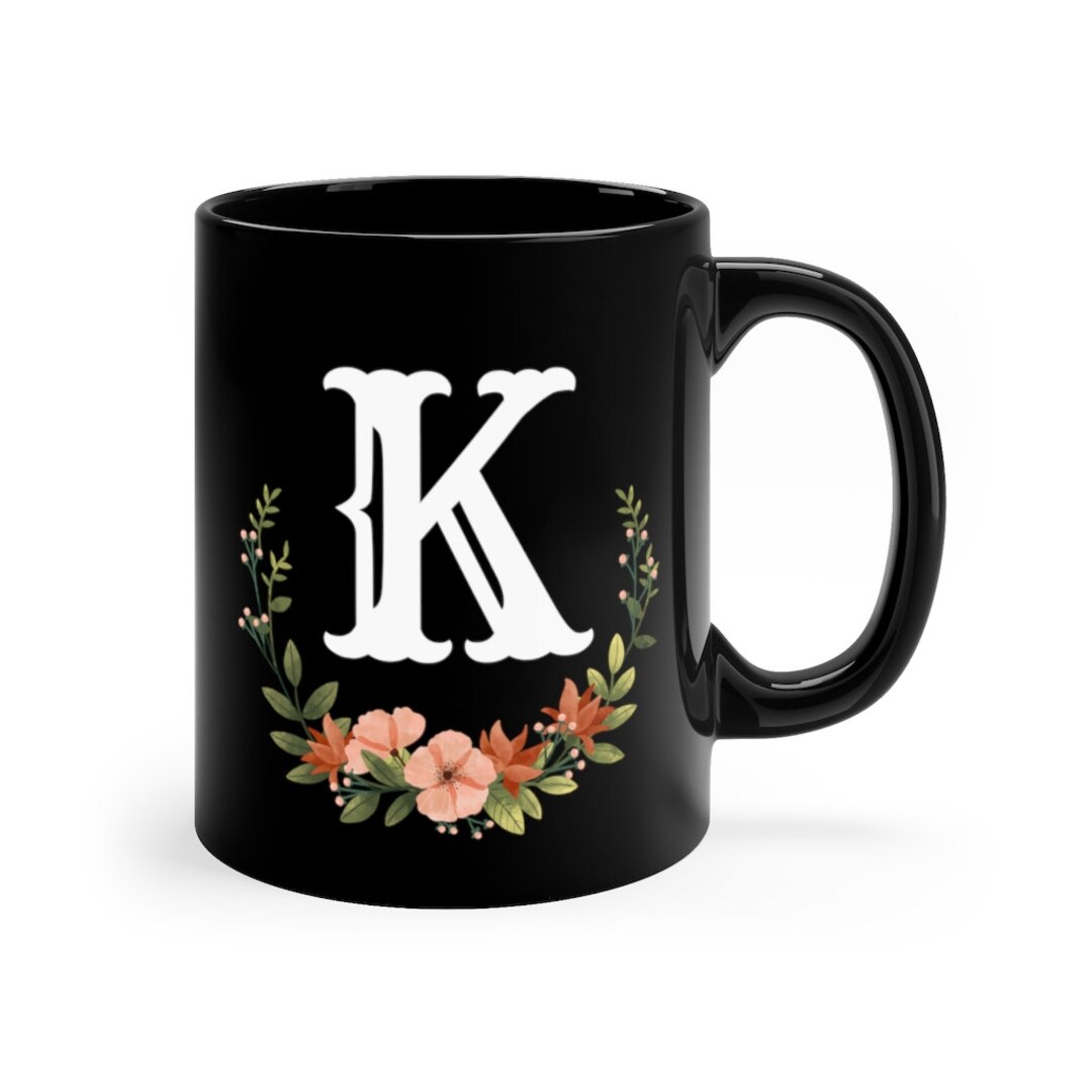 Floral Monogram Mug With Letters, Personalized Letter K Mug, Mug With