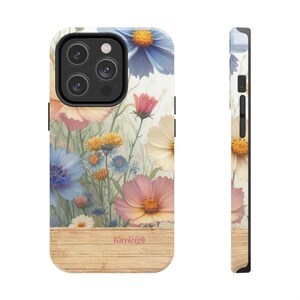 Personalized Floral iPhone Case, Watercolor Wildflower iPhone Case, Custom Gift, Cottagecore, Aesthetic Boho Tough Cell Phone Case,Pink Blue