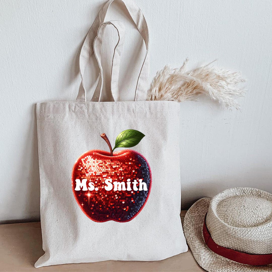 Custom Shiny Apple Name Tote for Teachers, Personlized Teacher Tote Bag ...