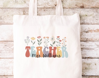 Personalized Teacher Name Tote Bag, Custom Apple Teacher Tote Bag, Teacher Appreciation Gift, Cute Teacher Paper Grading Tote Bag, Teachers