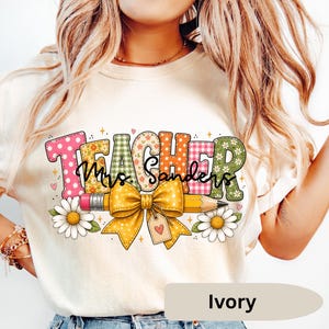 Back To School Custom Teacher Patchwork Name Shirt, Back To School Shirt, Coquette Bow Tee, Colorful Daisies Shirt, Cute Shirt Gift Teacher