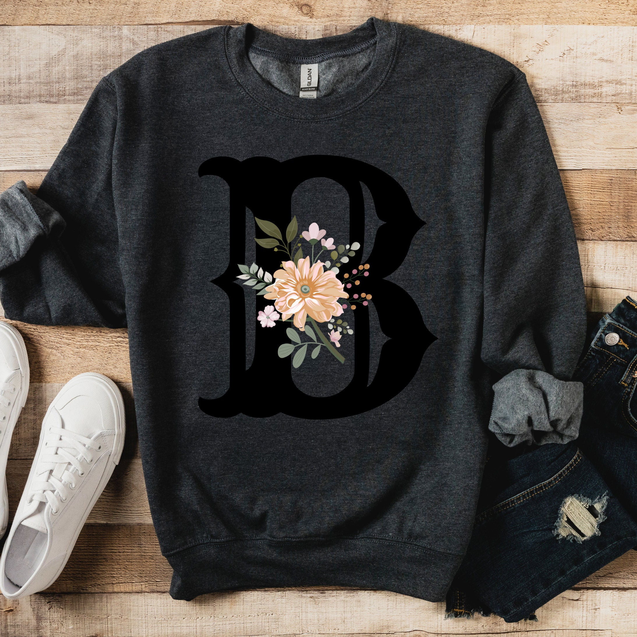 Bluffsprings Monogram Floral Print Sweatshirt, Initial B Flower Sweater Custom Letter B Sweatshirt, Monogram Clothes, Large Letter Sweater