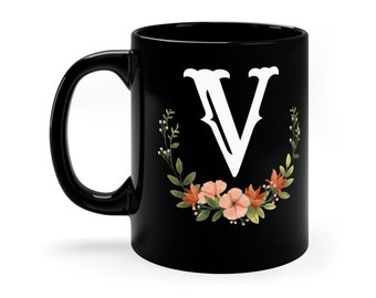 Monogram Ceramic Coffee Mug with Embellished Letters, Personalized Letter V Mug, Mug with Initials, Letter V Coffee Mug
