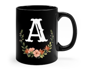 Taza de café con monograma floral con letras, taza personalizada con letra A, taza de café con iniciales, taza con letra inicial, taza con letra de monograma
