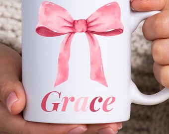 Tazza estetica Coquette personalizzata, tazza con nome fiocco rosa, regalo per lei, decorazione fiocco carina, tazza da caffè femminile