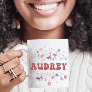 Personalized Name Coffee Mug For Her, Wildflower Name Mug, Custom Coffee Cup, Personalized Pink Coffee Mug, Gift for Sister Aunt Friend