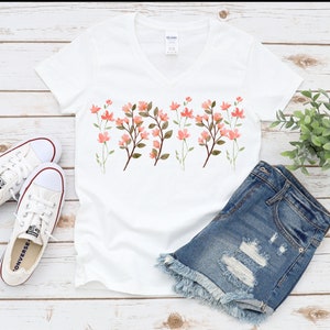 Aesthetic Wildflower V-Neck Tshirt, Shirt For Flower Lovers, Pink Watercolor Shirt, Ladies Pink Flower Shirt, Shirt For Her, Botanical Tee